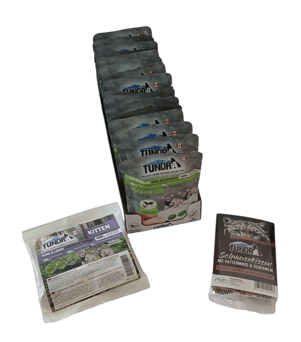 Tundra Katze Pouchpack Kitten Kalb & Huhn Aktion mit Schmusekissen